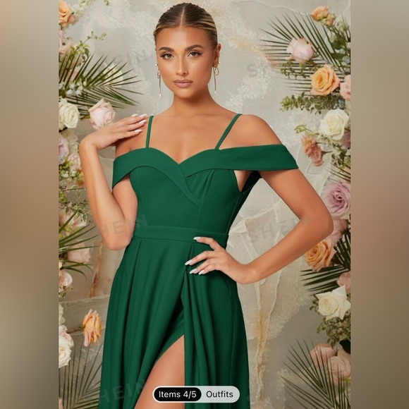 Green Off-the-Shoulder Bridesmaid Dress - Picture 6 of 6
